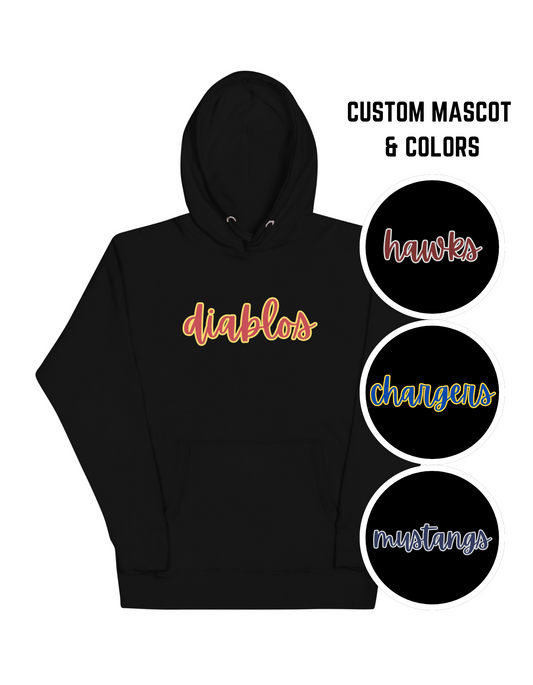 Mascot Hoodie | Custom Script Mascot Name with Team Colors | Adult Unisex Sizing