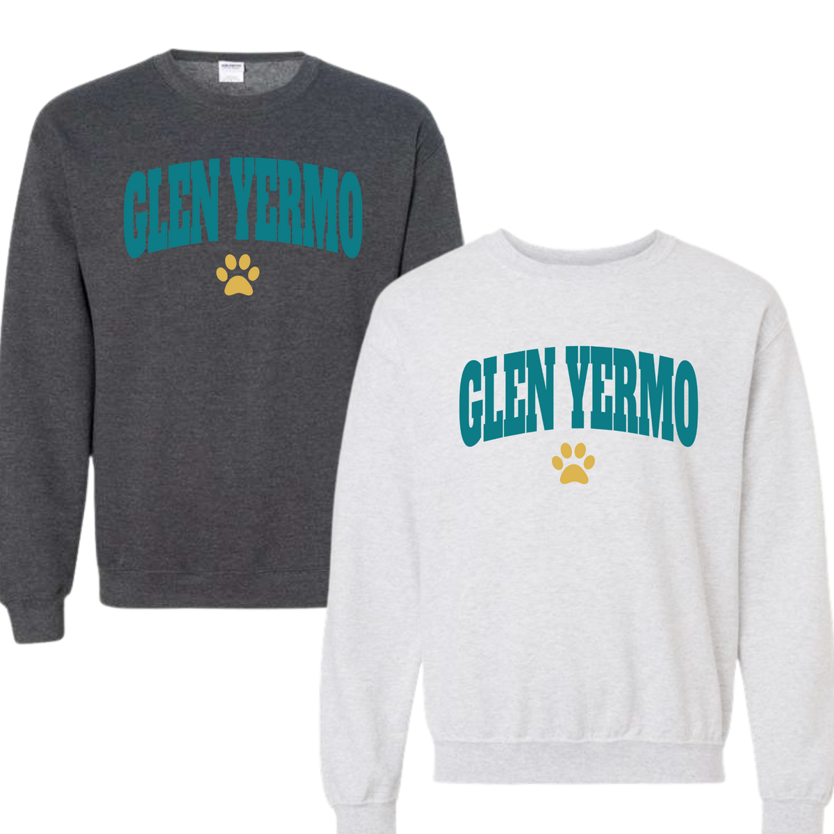 Glen Yermo Crewneck Sweatshirt | Collegiate Text with Paw Print | Unisex Sizing