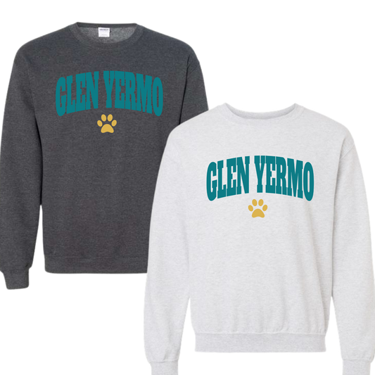 Glen Yermo Crewneck Sweatshirt | Collegiate Text with Paw Print | Unisex Sizing