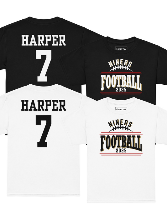 Niners Flag Football Shirt | Bold Text Front Design | Custom Name Back | YOUTH Unisex Sizing