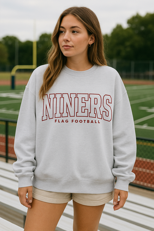 Niners Flag Football Crewneck Sweatshirt | Collegiate Style Front Design | ADULT Unisex Sizing